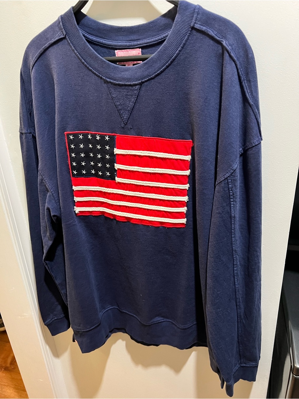 Simply Southern Navy Crewneck Sweatshirt with Red & White Flag Patch